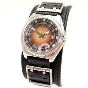 Fossil Mens Brown Sunburst 40mm Date Watch Black Leather Cuff w New Battery